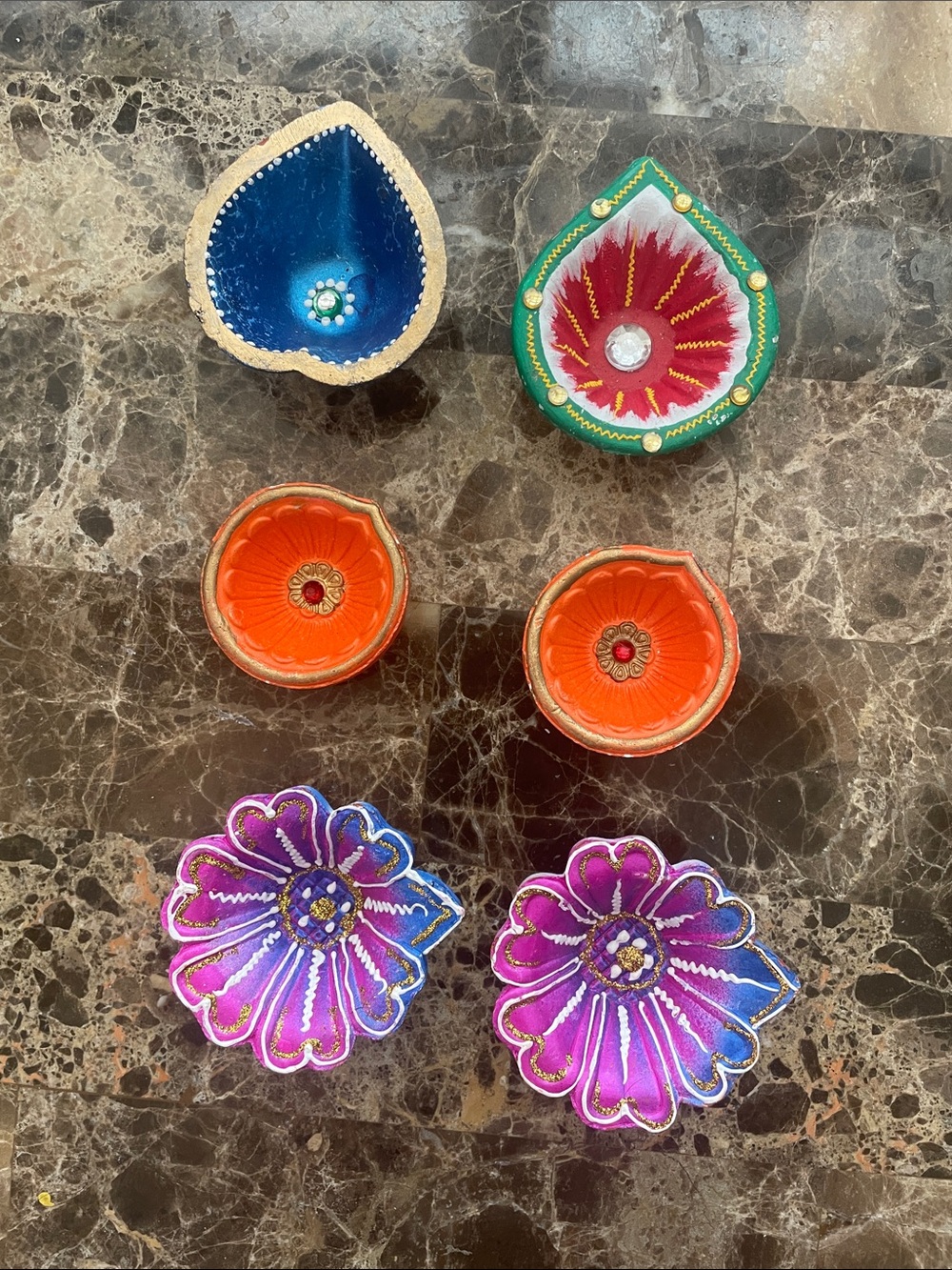 Hand-Painted Decorative Diya Set in Blue, Green, Orange & Purple